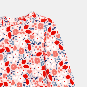 تي شيرت قطن واسع مضلع بطبعة الزهور باللون الوردي للفتيات الصغيرات